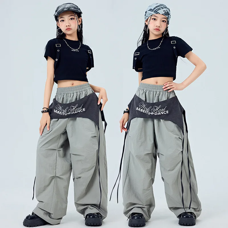 طفل Kpop الهيب هوب الملابس حزام أسود المحاصيل الأعلى تي شيرت رمادي عادية واسعة حزام المظلة السراويل لفتاة الجاز ملابس رقص الملابس