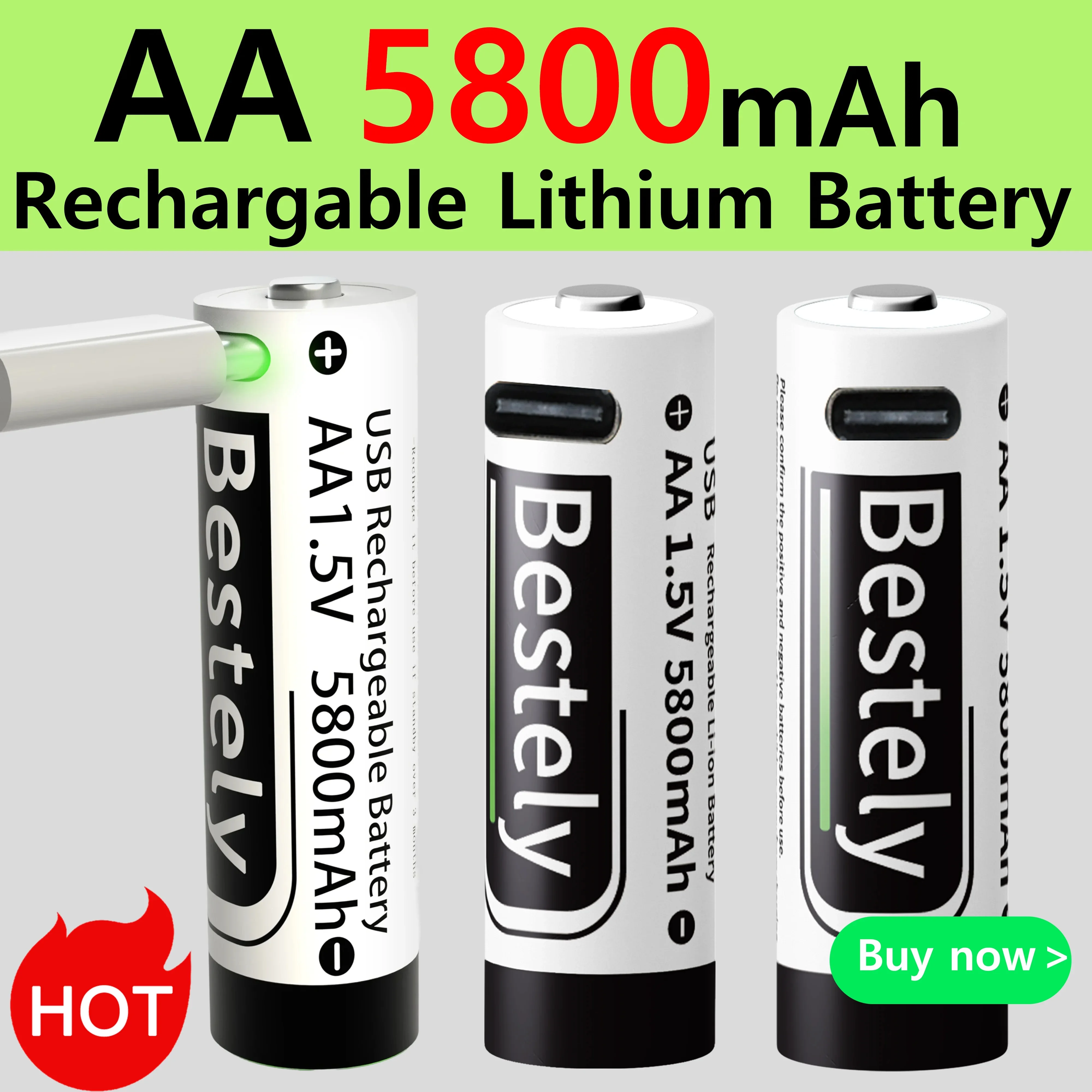 Bestely USB 1.5V AA 5800mAh Lithium ion Rechargeable Battery, AA Fast Charging Li-ion Akku  , 2000 Cycle with USB- C Port Cables
