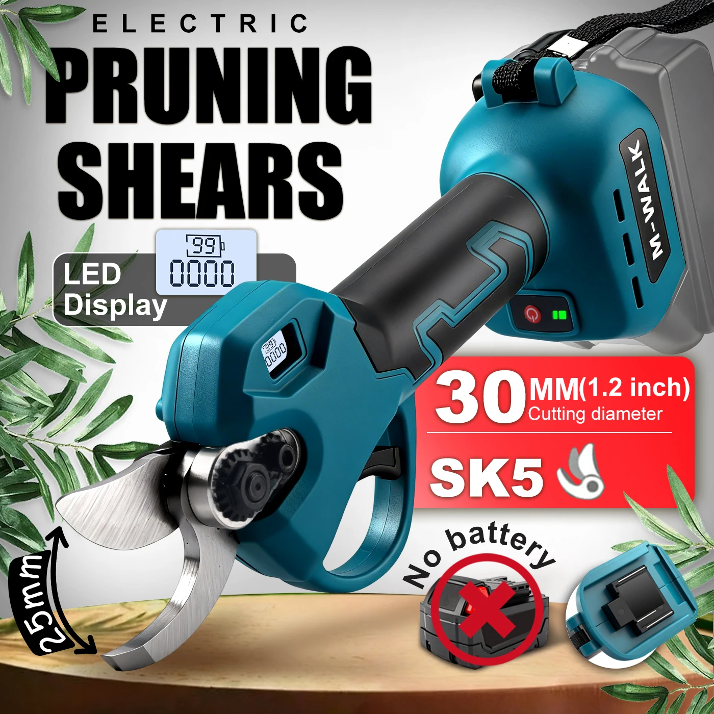 M-WALK Brushless 30mm Electric Pruning Shear LED Display Cordless Fruit Tree Bonsai Electric Scissors For Makita 18V Battery Pin