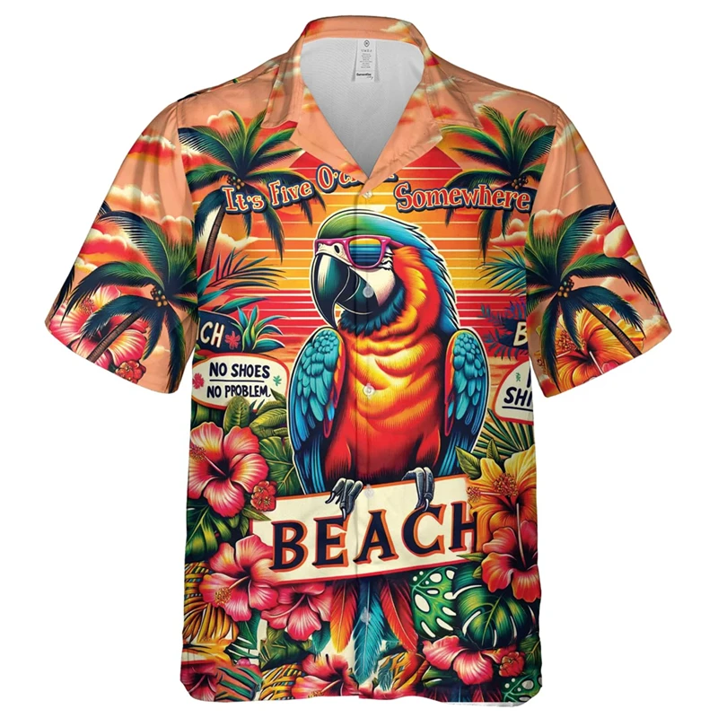 Parrot Lovers Beach Shirts Summer Hawaii Short Sleeve Shirt For Men Clothes Aloha Party Short Sleeve Male Vacation Lapel Blouse