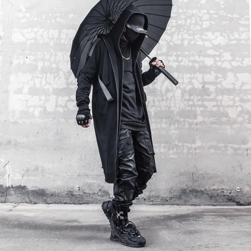 Men Fake two Trench Jacket Windbreaker Men Gothic Punk Streetwear Long Jacket Coat Function Hoody Clothes Black