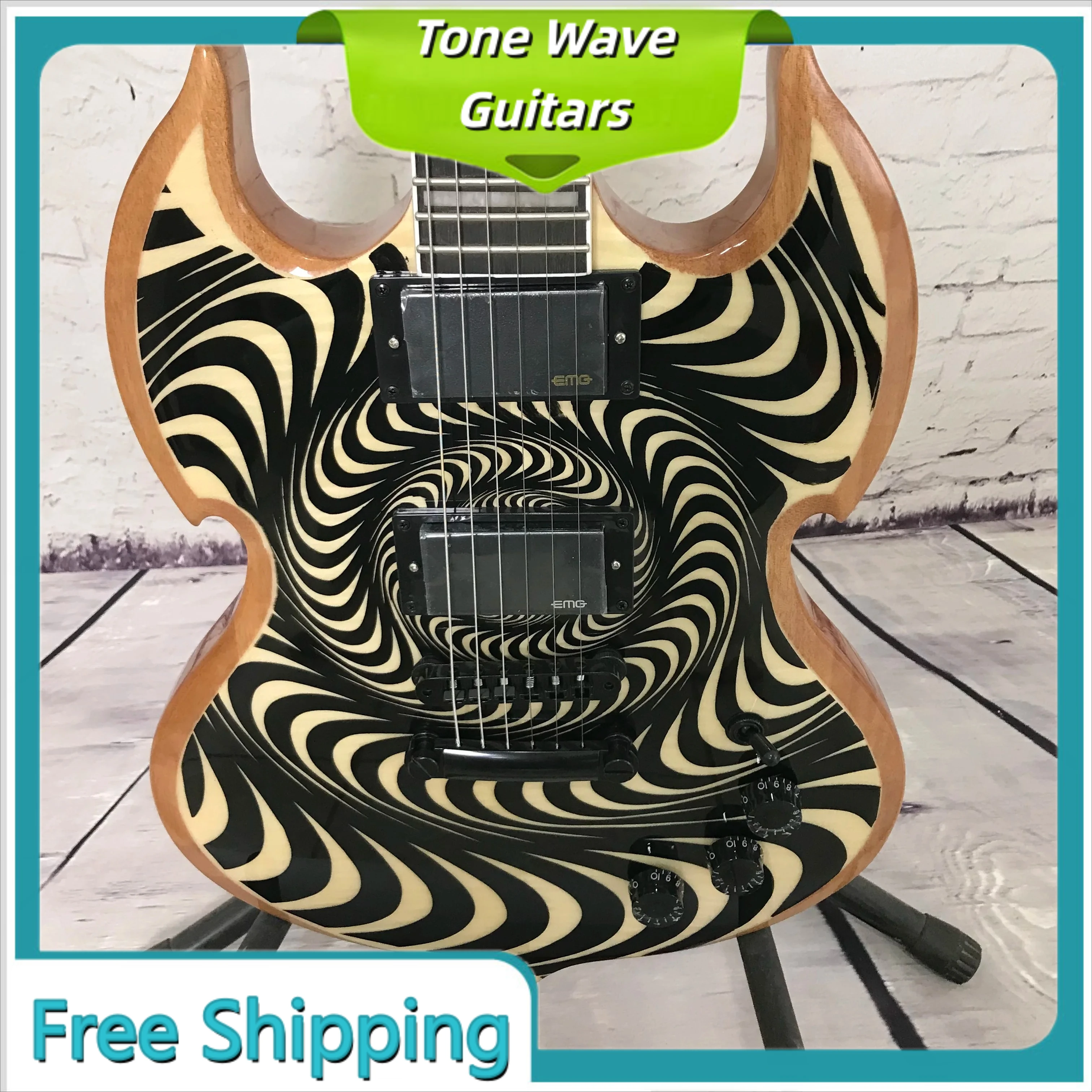 

Электрогитара Dragon Pattern Totem Viking Rawtop с желтыми краями, активными звукоснимателями EM Active Pickup и эффектом Whirlpool Target Eyes, для рока