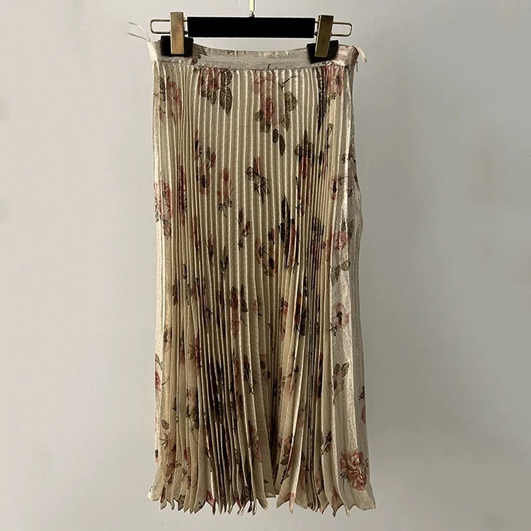 Summer imported silk floral printed pleated skirt