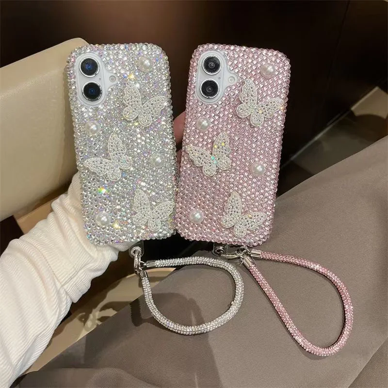Nueva funda de teléfono para mujer con diamantes de imitación y brillo de mariposa perla, adecuada para iPhone 16, 15, 14, 13, 11, 12 Pro Max, funda protectora