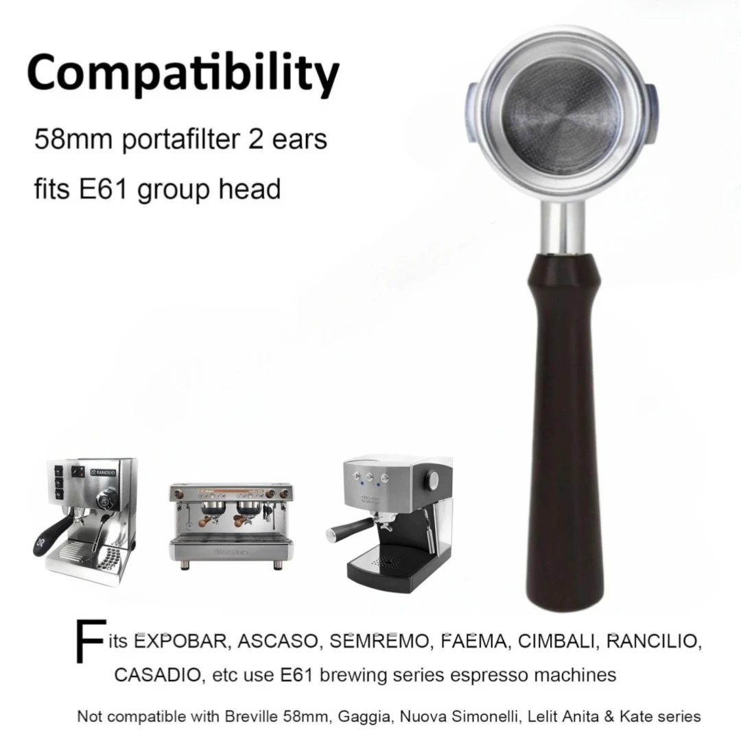 58mm Bottomless Portafilter | Fits for E61 Group Head 2 Ears Machines | Stainless Steel Portafilter and Mahogany Handle | Espres