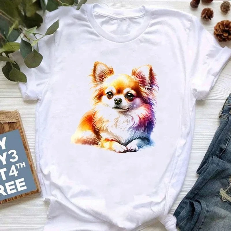

Cute Funny T-shirt for Women Chihuahua Long-haired Animal Print T-shirt for Women Harajuku Kawaii Clothes Summer T-shirt Y2K Top