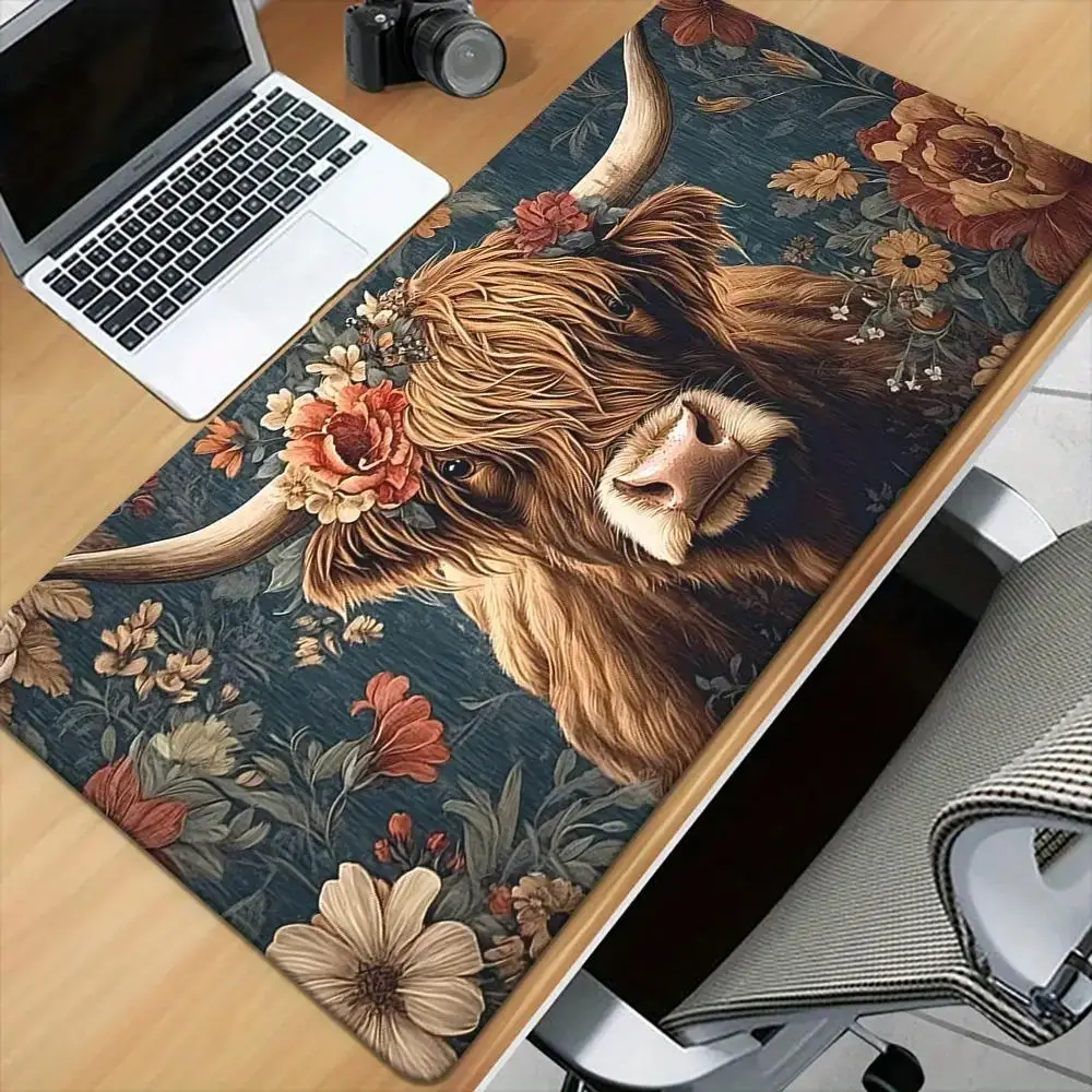 Highland Cow Floral Desk Mat Large Anti-Slip Rubber Base Gaming Mouse Pad for Office Home
