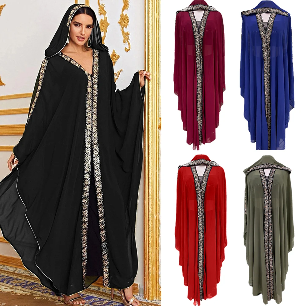 

Muslim Kaftan Abaya Dress Kimono Women Dubai Open Abayas Turkish Beads Chiffon Hooded Dress Elegant African Big Loose Boubou