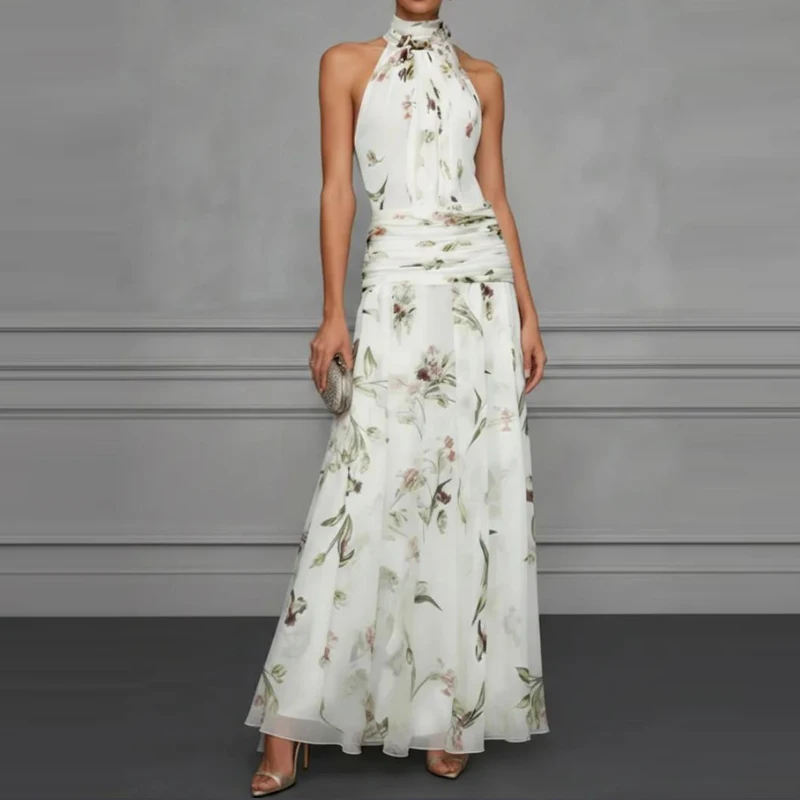 Sexy Hanging Neck Off Shoulder Slim Dress Fashion Pleated Waist Cinched Bow Tie Dress Retro Print Sleeveless A-Line Party Dress