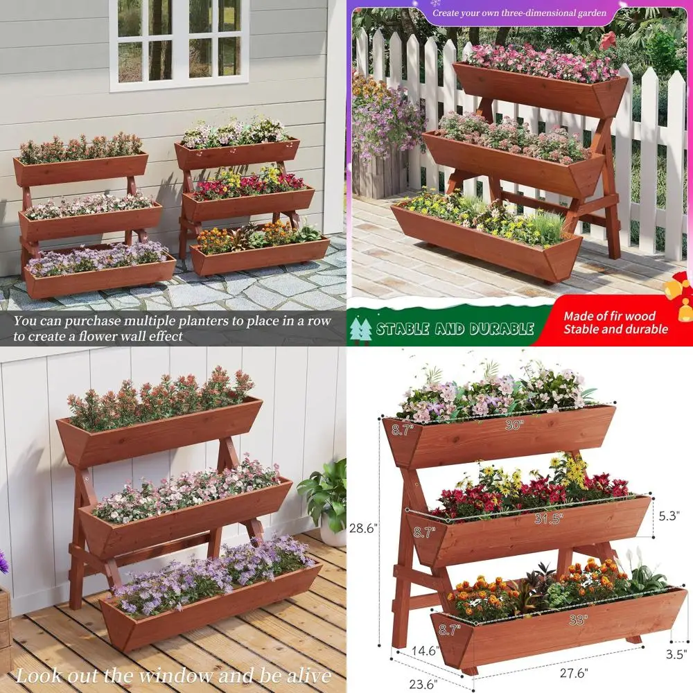 

Large 3-Tier Wooden Planter Box for Vegetables, Flowers - Indoor/Outdoor Gardening Beds, Brick Red