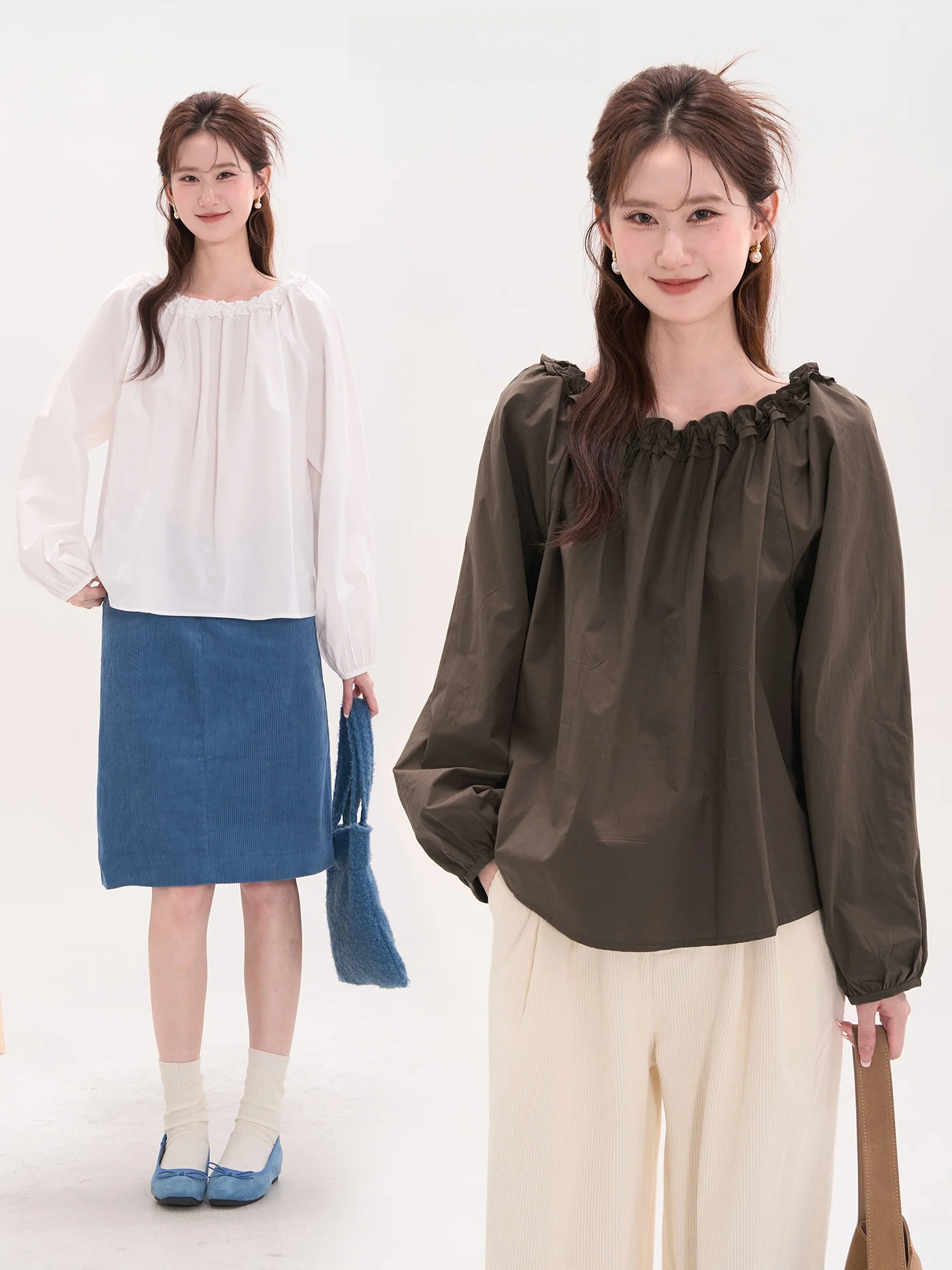 

Heme Floral Field Window White Day Schumann Korean Sle Ruffle Trim round Ne Women's irt Autumn Vintage Long Sve Top