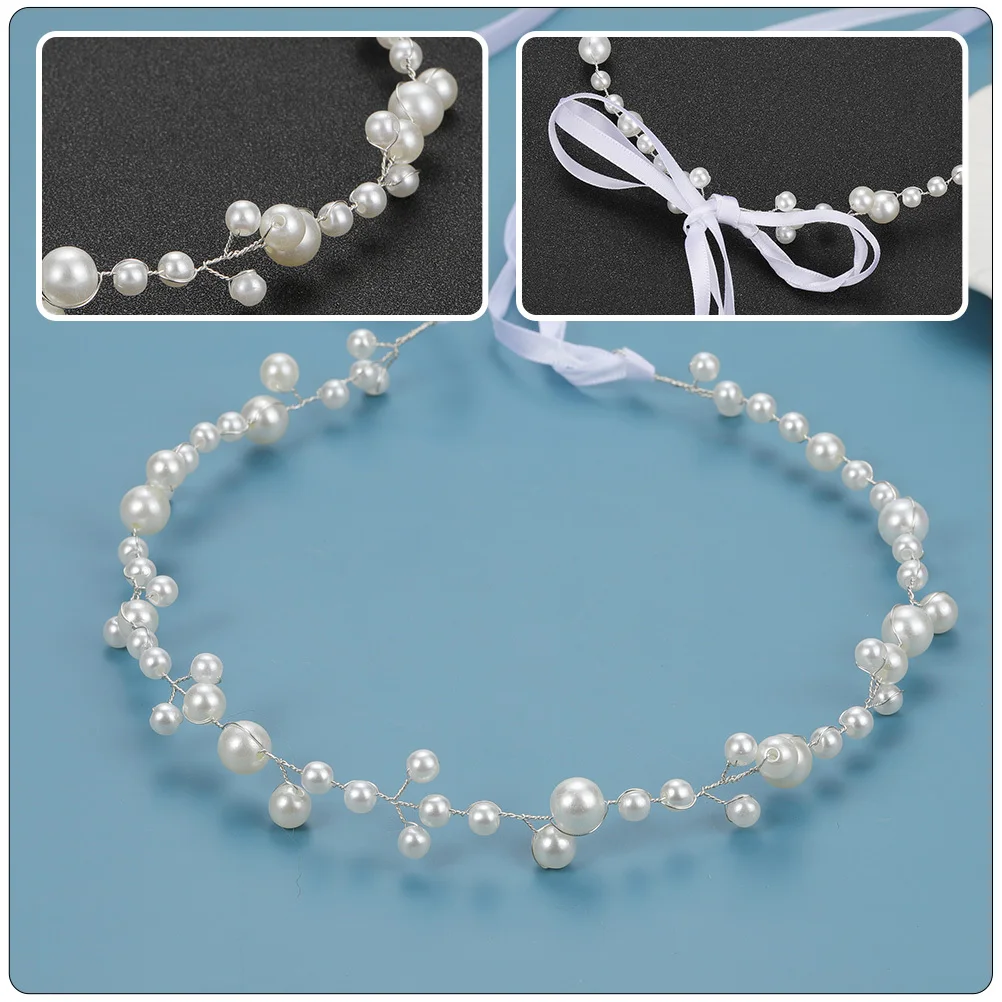 

Pearl Hair Accessory Elegant Artificial Pearls Headband For Bride Wedding Bridal Women Headdress Vintage Ribbon Headband