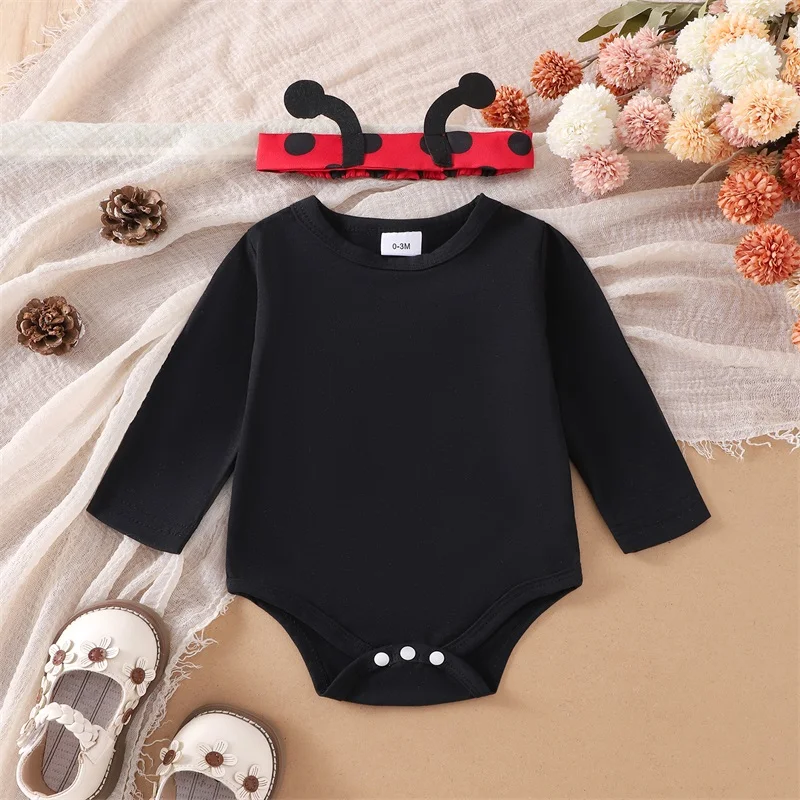 Baby Girls Flying Sleeve Romper Bee/Beetle Embroidery Suspender Dress Headband Sets Newborn Autumn Clothes