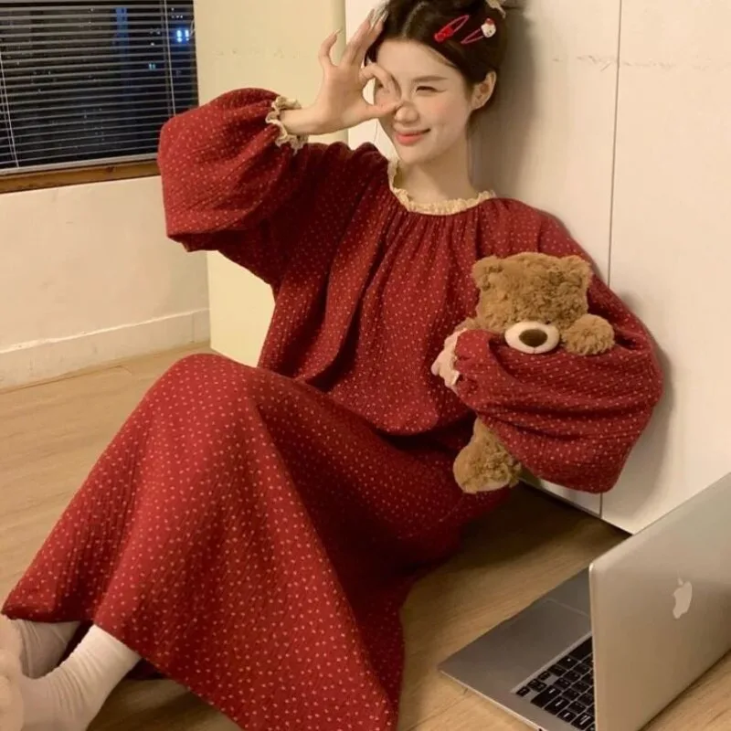 Women Spring Autumn Lace Collar Nightgown Girl Long-Sleeve Floral Homewear Woman Loose Breathable Pajamas Lady Casual Loungewear