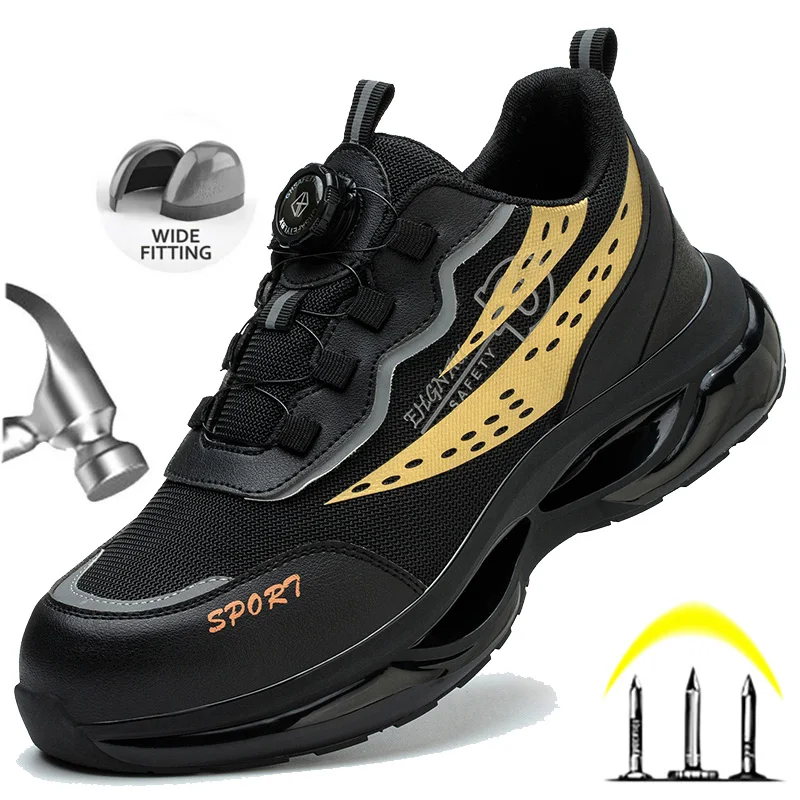 

Men Work Safety Shoes Breathable Sneakers Indestructible Puncture-Proof Protective Shoes Anti Shock Rotating Button Work Boots