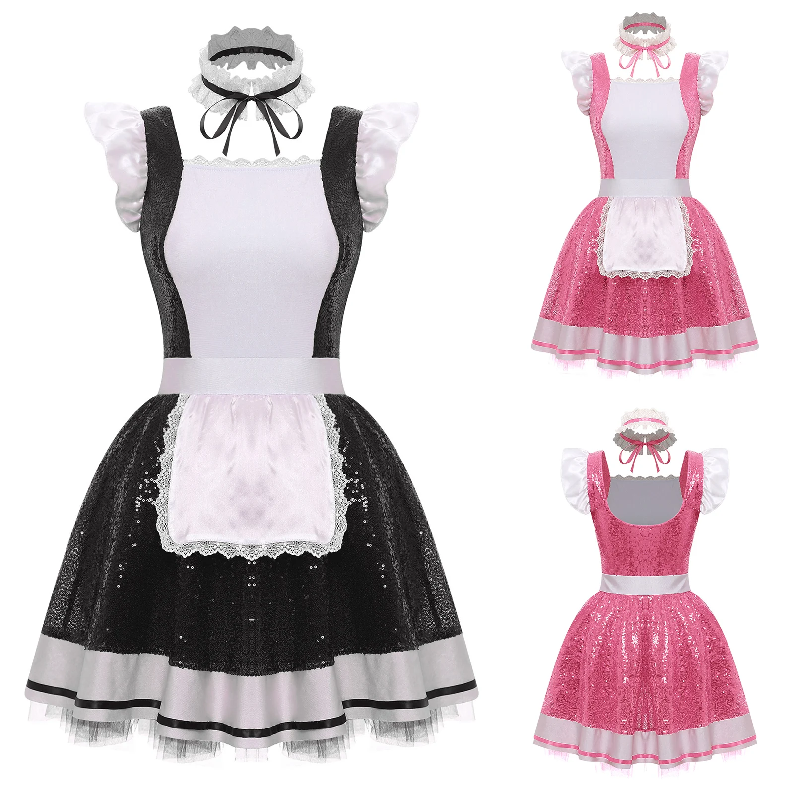 Dienstmädchen-Schürzenkleid, Cosplay-Kostüme, Fliegenärmel, Pailletten, Tüll, Unterrock, Kleid + Halsband-Set für Frauen und Mädchen, Halloween-Party, Nachtclub