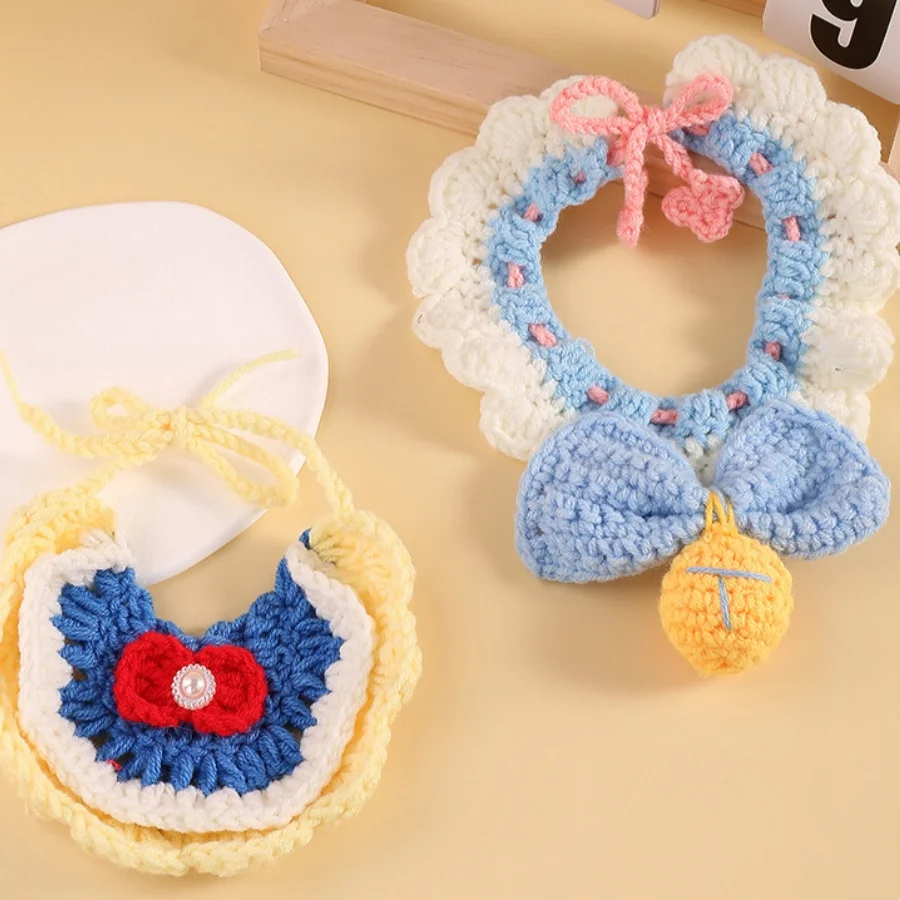 1 Cute pet bib handmade diy knitted cat collar small dog decorative drool towel