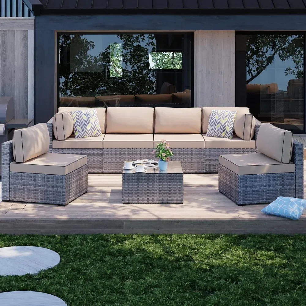 Outdoor Patio Sectional Sofa Couch Set with Washable Cushions, Glass Coffee Table Set, Free Shipping, 7 Pcs