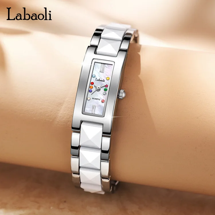 Women Quartz Watch Luxury Rectangle Clock Rose Gold Sliver White Ceramic Orologio Colorful Diamond New Reloj Ladies Wristwatch