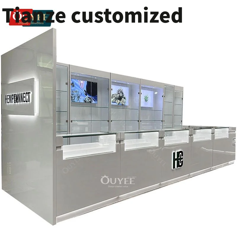 Customized-Wooden Cabinet Store Led Display Display Counter Glass Dispensary Display Table Show Smoke Shop