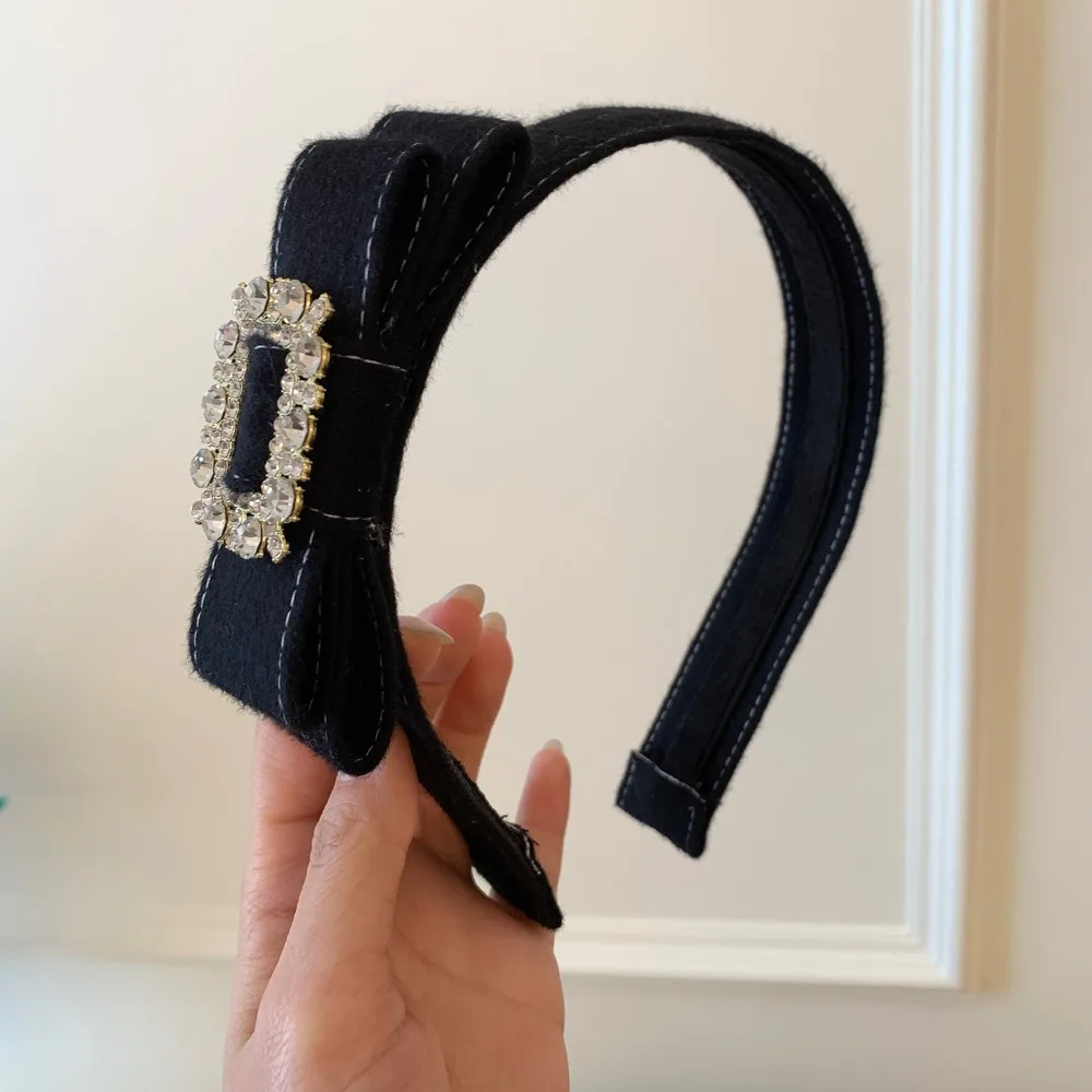

Korean Style Rhinestone Bow Headband Vintage Non-Slip Wide Edge Hairband Headwear Hair Accessory Flocking Hair Hoop Women