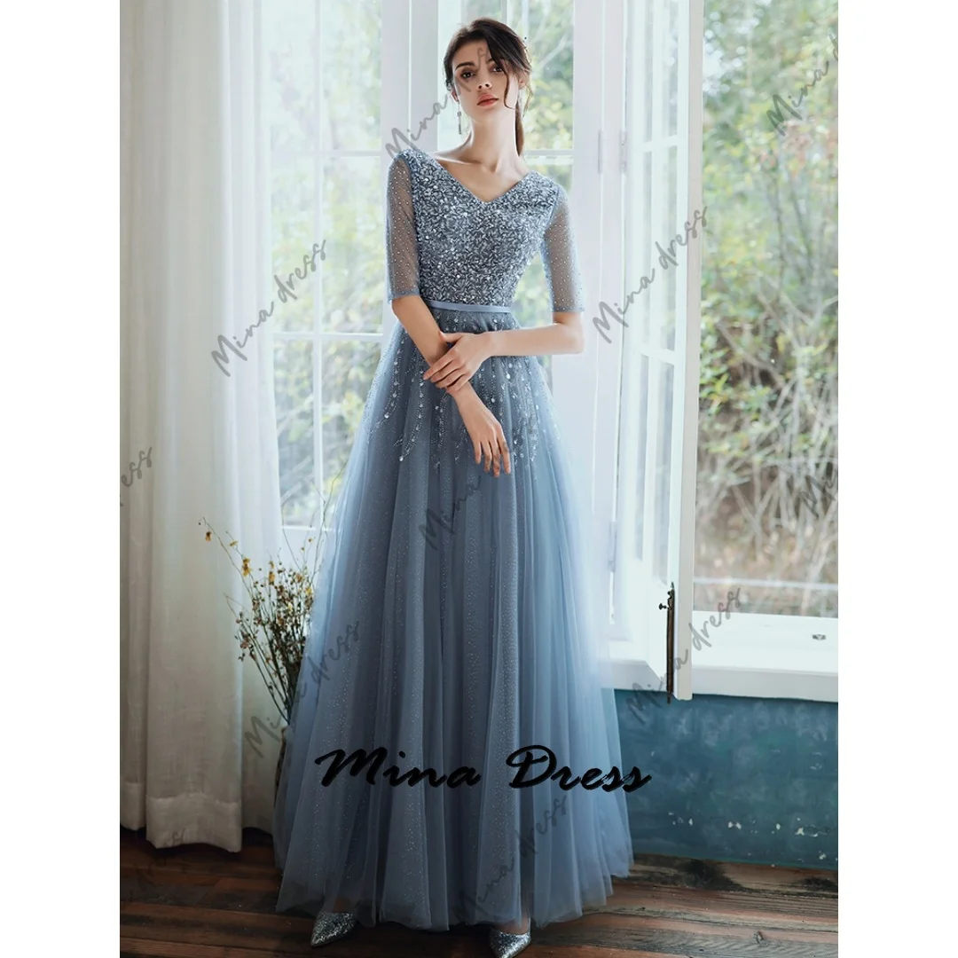 

Mina Customized Backless Formal Occasion Dresses for Formal Occasions Sequins Elegant Party Dresses 2024 Short Sleeves Evening