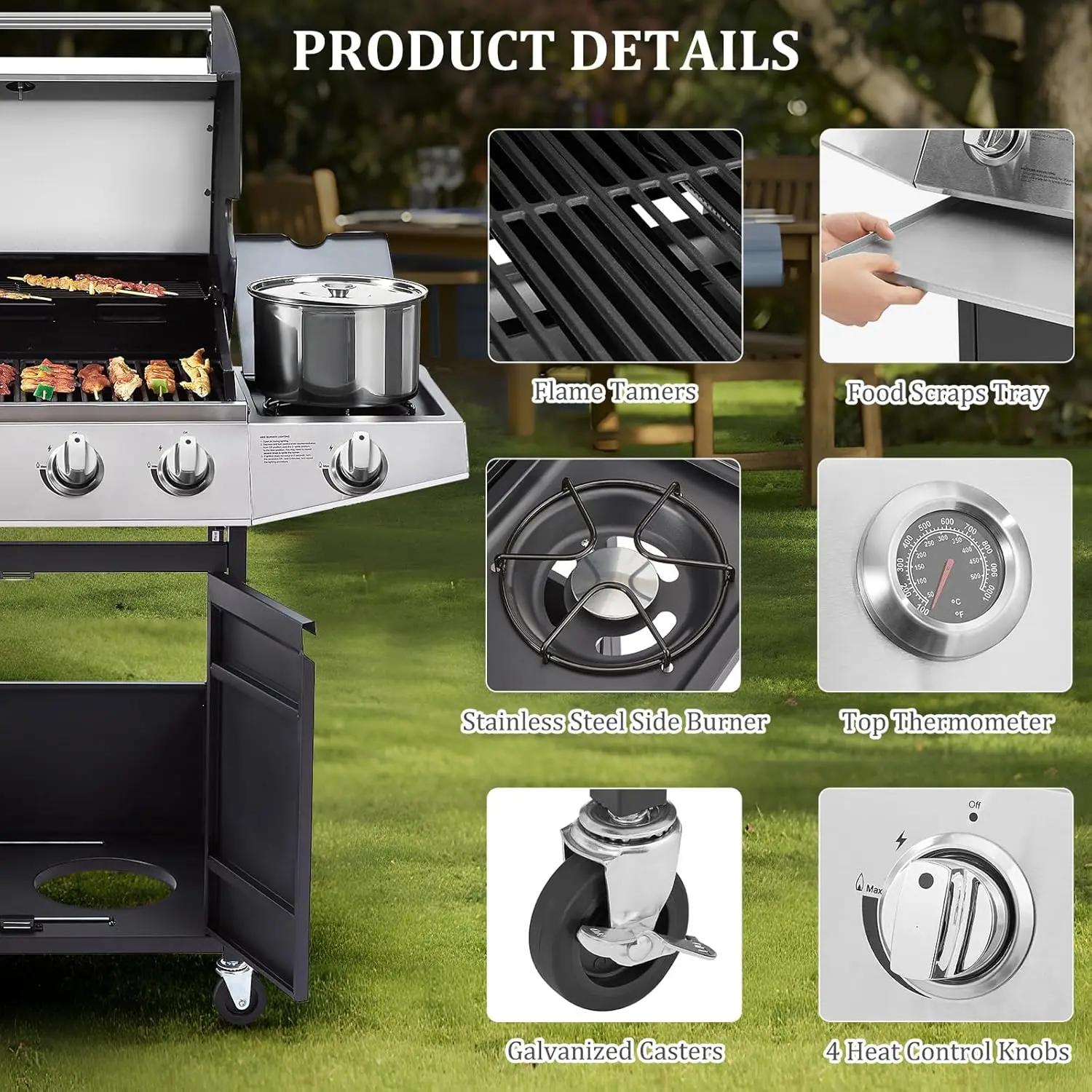 4- Propane Gas BBQ Grill with Side Burner & Porcelain-Enameled Cast Iron Grates Built-in Thermometer, 49,000 BTU O