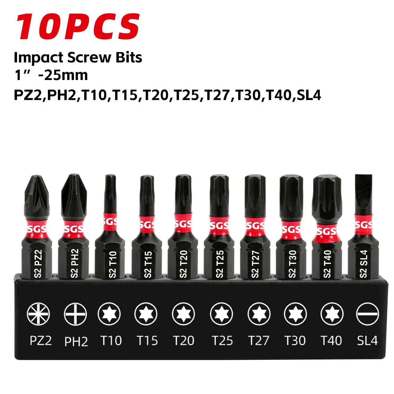 10-delige set, 25 mm lengte, gereedschapsstalen bits van S2-legering, sterk magnetisch, roestbestendig, slagvast, Ph/Pz/Torx/Sl universele korte bitset, geschikt voor elektrische