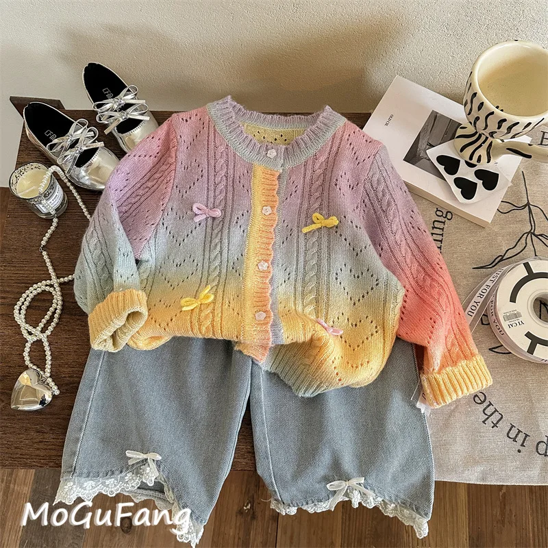 

01-Girls' Sweater for Spring2025New Baby Cardigan Sweater Gradient Color Knitwear Jeans Set Trendy