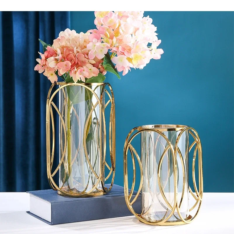 Golden Framed Glass Vase Hydroponics Flower Pot Desk Decoration Flower Arrangement Transparent Floral Vases Room Aesthetic Decor
