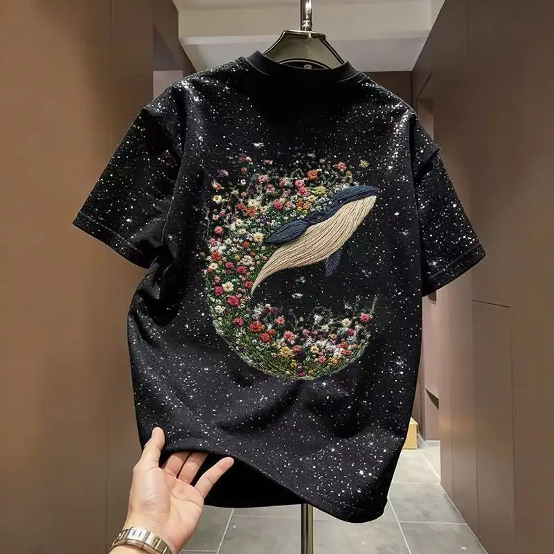 Lovers Scatter Sequin Print T-shirt 2026 New Men's Fashion Bling T Shirt Students Casual Tee Short Sleeves Top Loose T-shirt 4XL