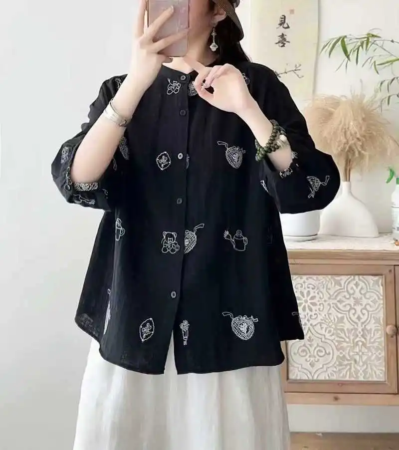 جديد 2025 قميص نصف كم من غزل القطن للخريف ، بلوزة فضفاضة للنساء مطرزة على شكل قطة ، بلوزة موري جيرل متعددة الاستخدامات للتنقل T59321CC