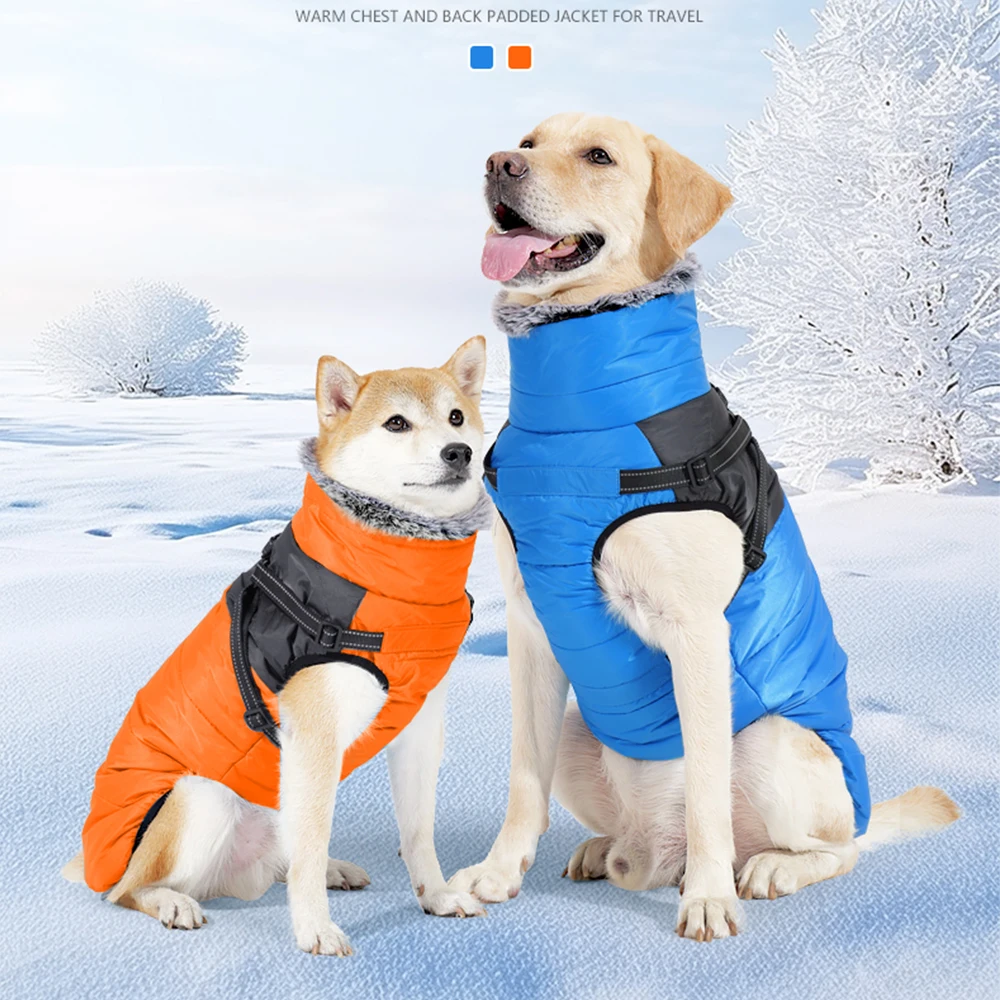 Dog Winter Puffer Jacket with Integrated Harness, Waterproof Fleece Lined Dog Coat with Reflective Strip