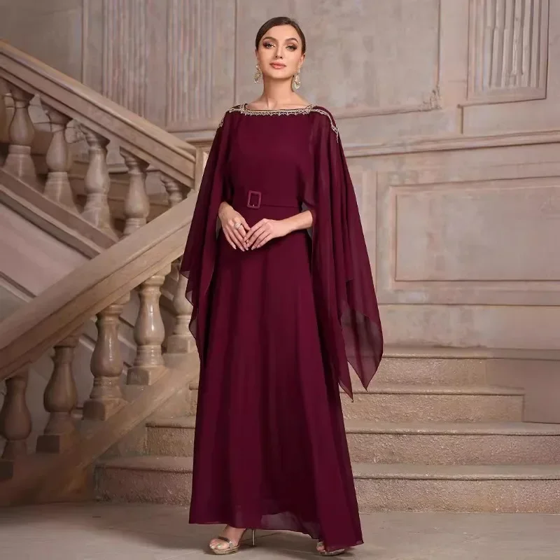 Sexy Y2K Long Cloak Sleeve O Neck High Waist Graduation Gala Evening Dress Robe Prom Gown Elegant Women Chiffon Party Dress