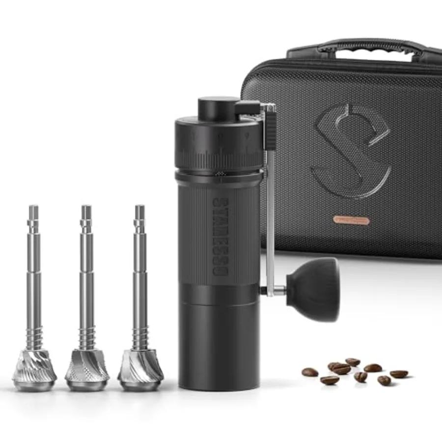 Manual coffee grinder for specialty brewing with 420 stainless steel burrs in silver featuring ultra-fine 0.008mm precision swi
