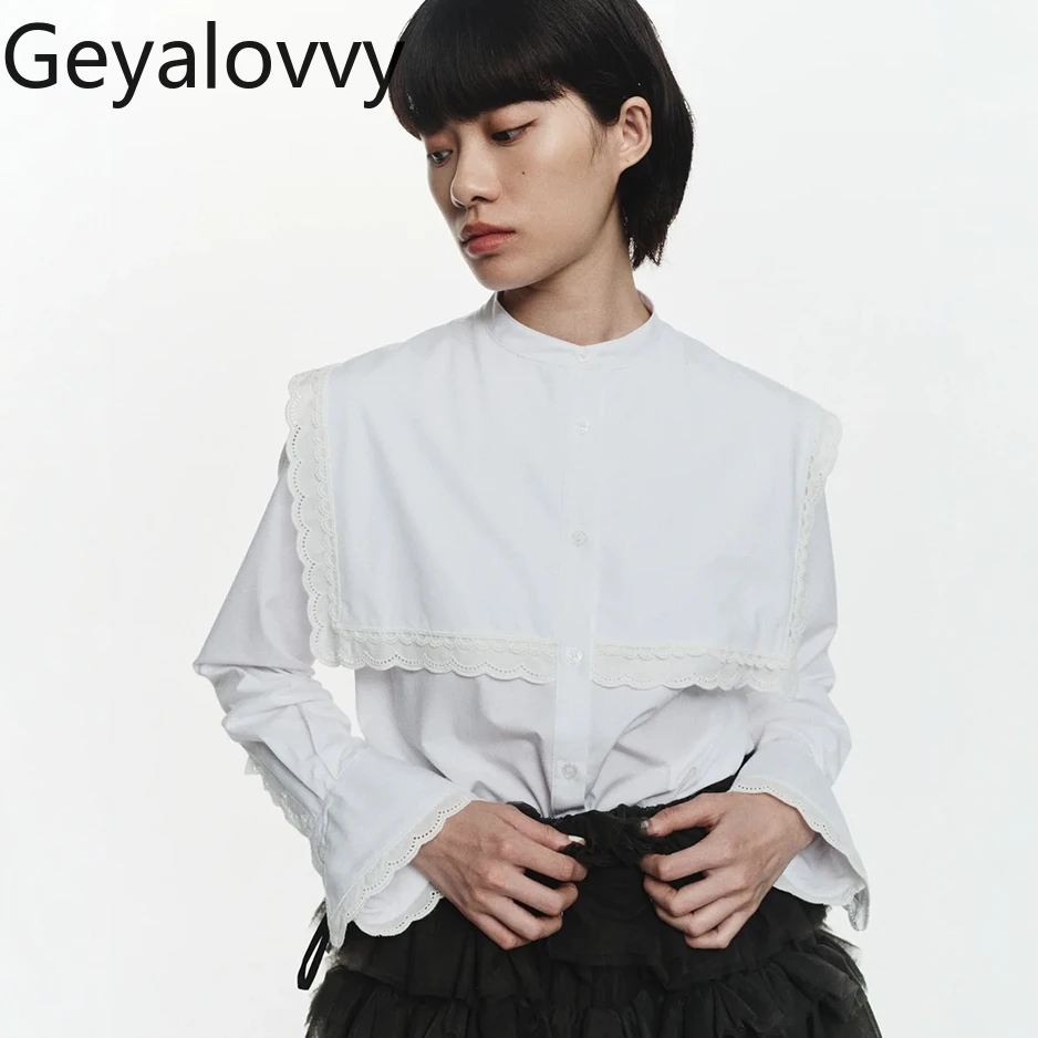 

White Versatile Top Japanese Style Double Layer Lace Patchwork Sailor Collar Exquisite Flared sleeve Elegant Stand Collar Shirt