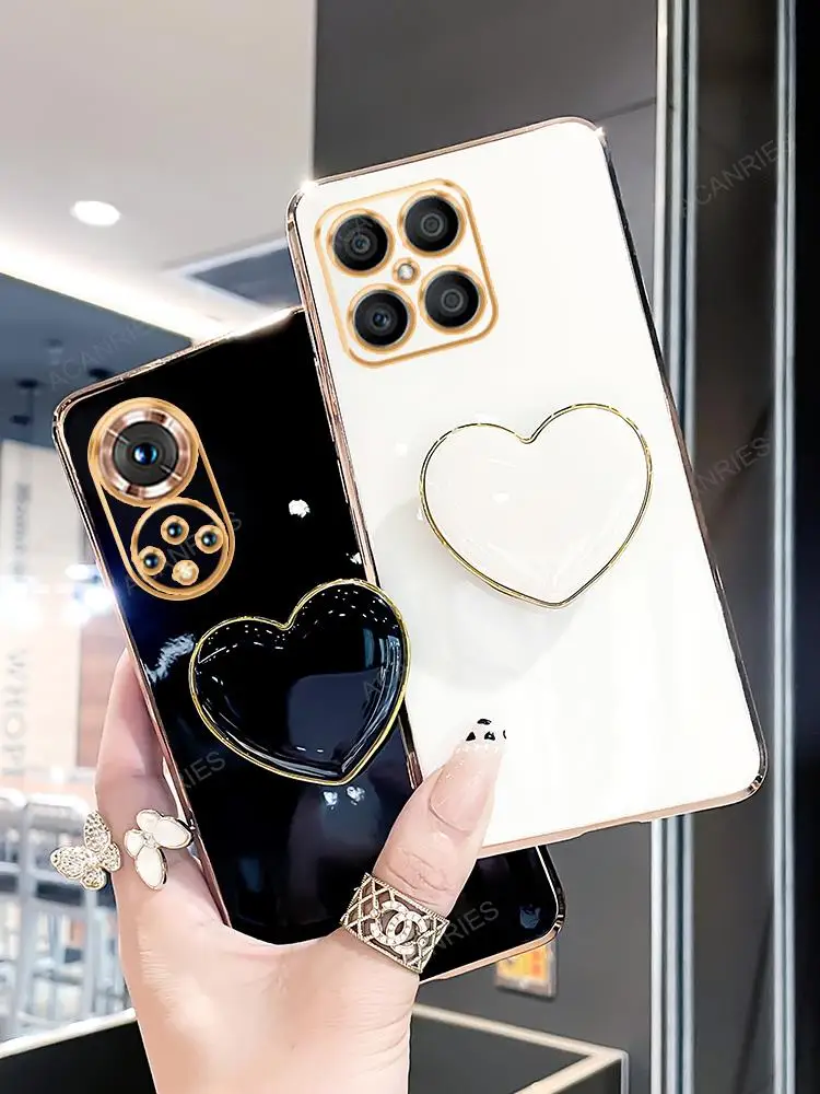 Luxury Love Heart Phone Holder Case For Huawei Honor 50 60 70 Pro Se X8 X7 4g X8a X7a X6s 5g 10 20 Lite 10i Stand Silicone Cover