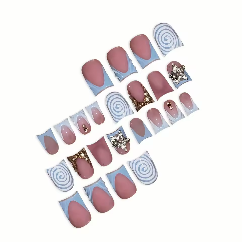 24pcs Short Duckbill False Nails Wearable Blue French Fake Nails Star Flash Rhinestones Decor Gradient y2k Nails Press On Nails - AliExpress