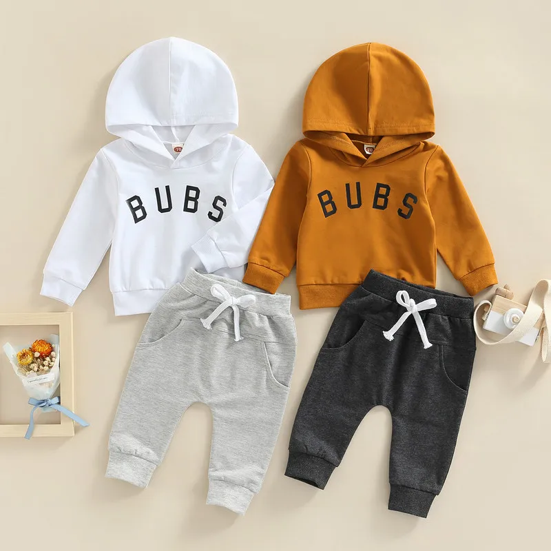 Newborn Baby Boy 2Pcs Outfits Fall Capital Letter Print Long Sleeve Hooded Pullover Elastic Drawstring Side Pockets Trousers