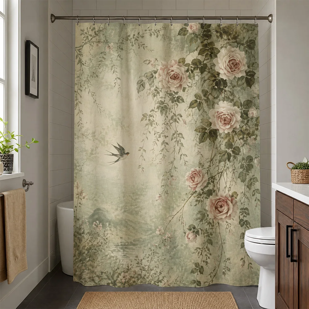 Elegant Vintage Floral Shower Curtain Bathroom Decor Botanical Roses Greenery Shower Curtain Liner