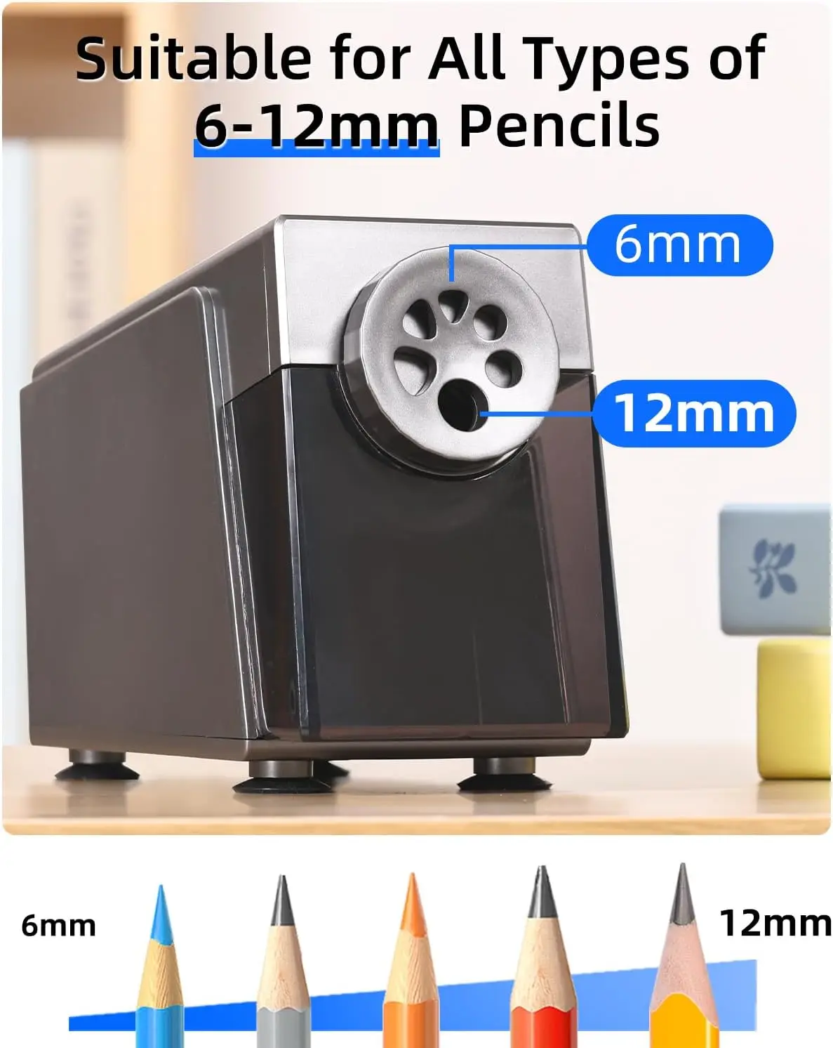 Heavy Duty Electric Pencil Sharpener, 6 Holes, Auto Stop, US Plug, for Classroom & Home Use view 2