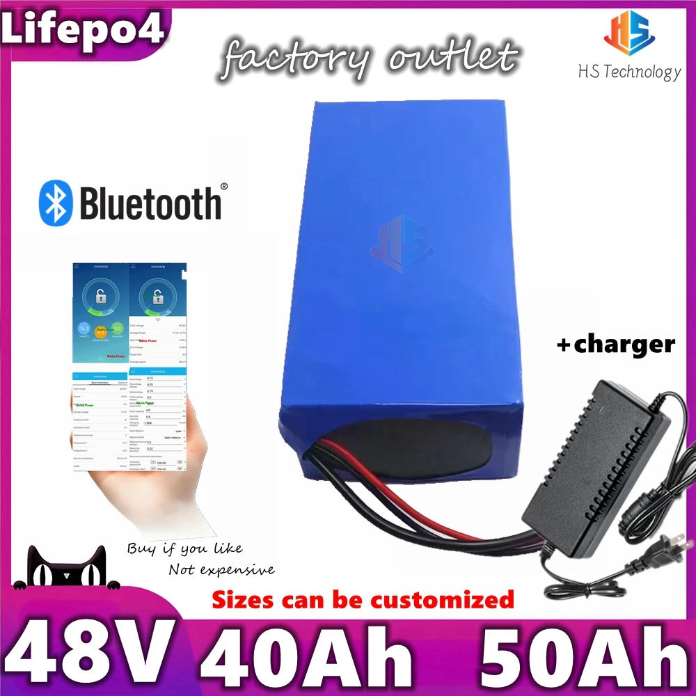 Batterie au lithium Lifepo4, 48V, 50Ah, 40Ah, Bluetooth BMS, 16S, 2000W, pour scooter, vélo, tricycle, bateau, Go Cart, chargeur