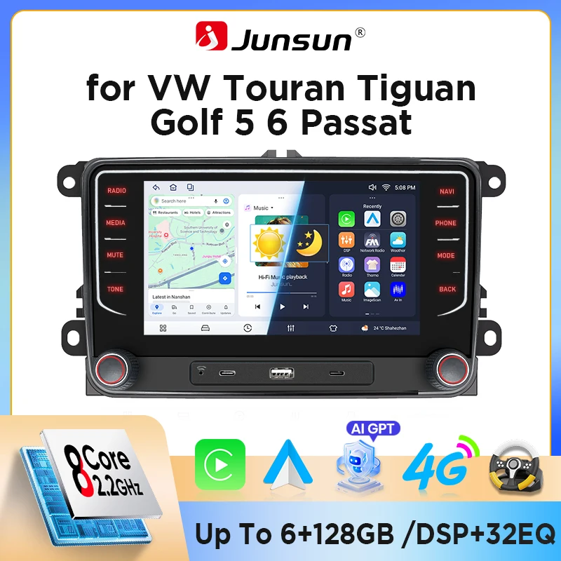 Autoradio Android Junsun da 7" per VW / Volkswagen Skoda Octavia Golf 5 6 Touran Passat B6 Polo Jetta con porta USB Type-C, CarPlay wireless e Android Auto, navigazione GPS, DSP, radio FM RDS, WiFi,