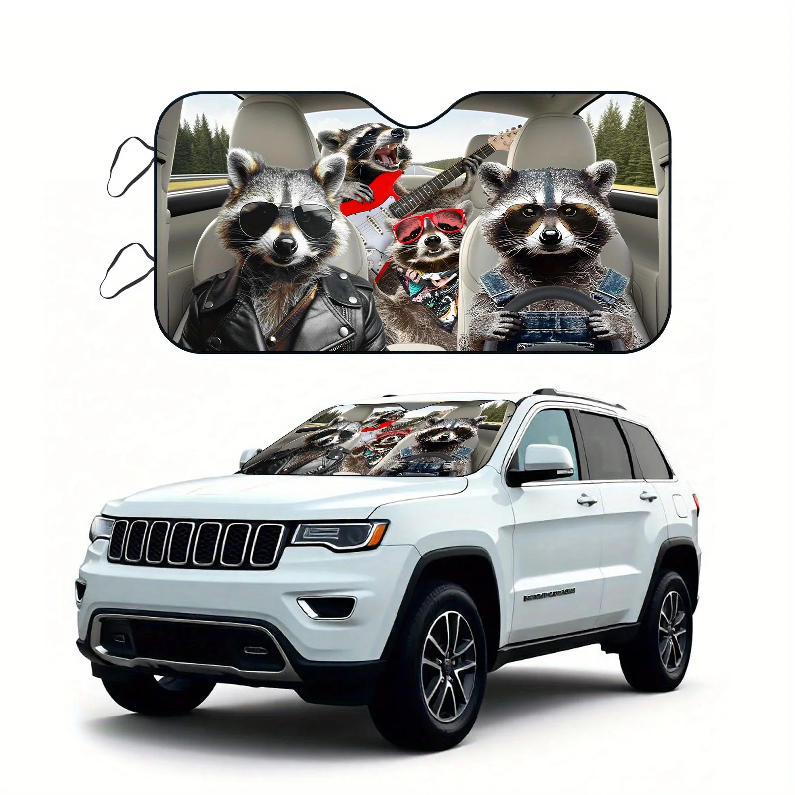 

Sun Protection, 1pc Raccoons Playing Guitar In Car The Design, Sunshade For Car, Foldable, Easy To Install, Universal, UV Protec