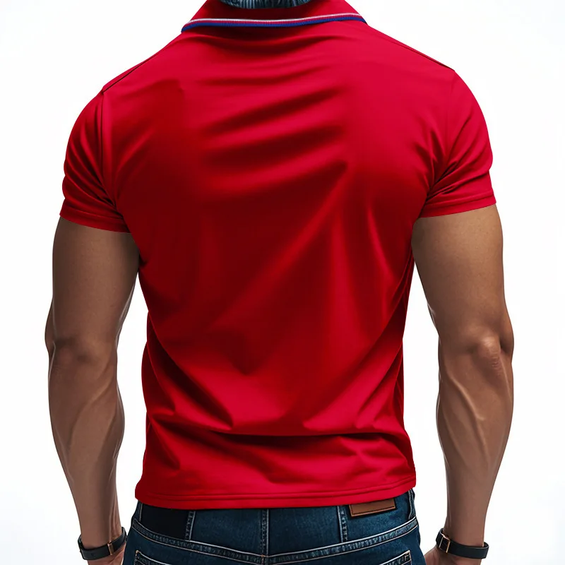 Men's Contrast Trim Collar Polo Shirt Short Sleeve 3‑Button Placket Solid Business Casual Summer Tops