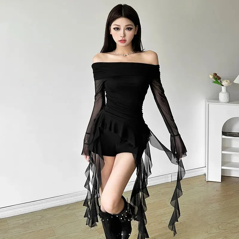 

Women's Gothic Off-Shoulder Top Sheer Mesh Long Sleeve With Tassel Tie Front Slim Fit Blouse