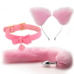 Cute Fox Tail Anal Plug Bow-Knot Soft Cat Ears Headbands Collar Erotic Cosplay Couples Accessories SM Sex Toys for Female Male