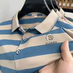 New 2024 Men Summer Brand New Letter Printed Short Sleeved Striped Polo Shirt Business Casual Skin Friendly Soft Tops Men's Wear