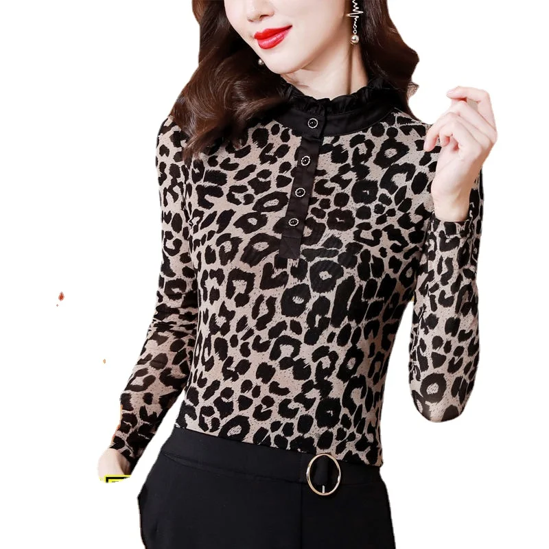 

Fashion Spring and Autumn New Leopard T Shirt Women's Crew Neck Elastic Mesh Warm Inside Long Sleeve Casual