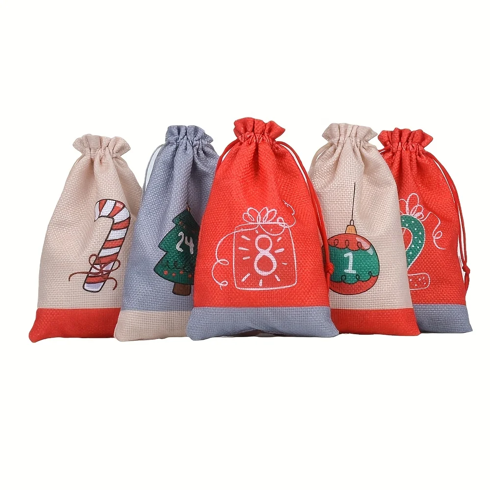 عيد الميلاد تقويم القدوم 2025 24 قطعة الرباط حقائب للهدايا الخيش معلقة العد التنازلي التقويم أكياس DIY بها بنفسك عيد الميلاد ديكورات المنزل